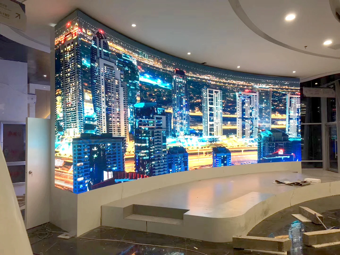 Commercial LED display wall installed in a retail showroom to demonstrate pixel pitch and viewing distance for retail buyers