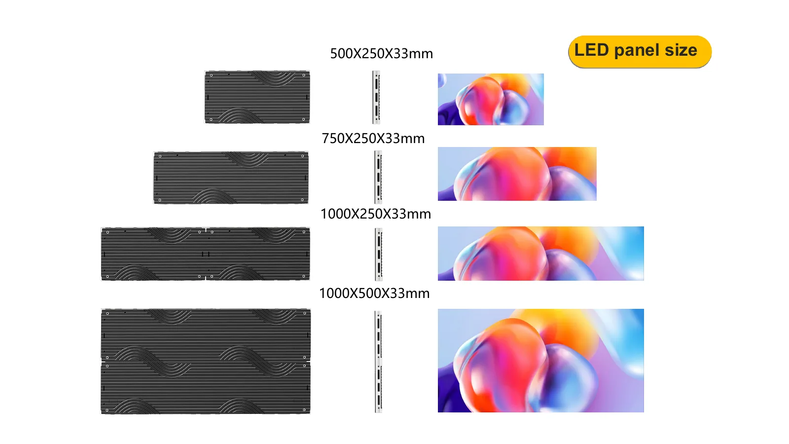 Matrix Series LED panel size lineup including 500x250 750x250 1000x250 and 1000x500mm cabinets
