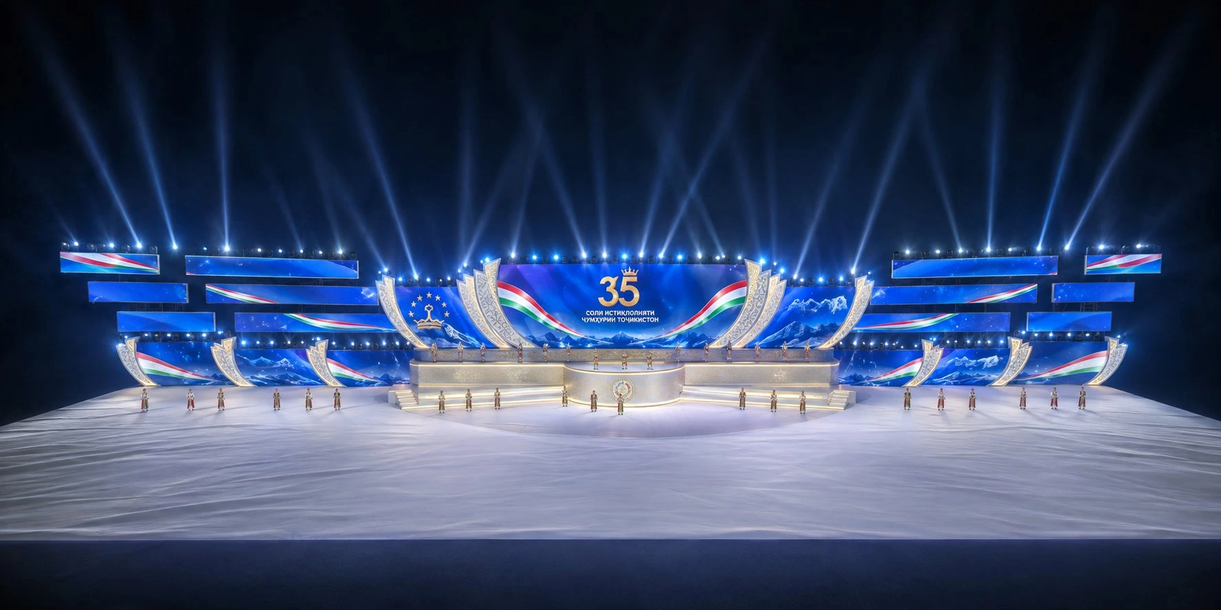985 m LED stage screen with fireworks and searchlights at the Tajikistan Independence Day celebration