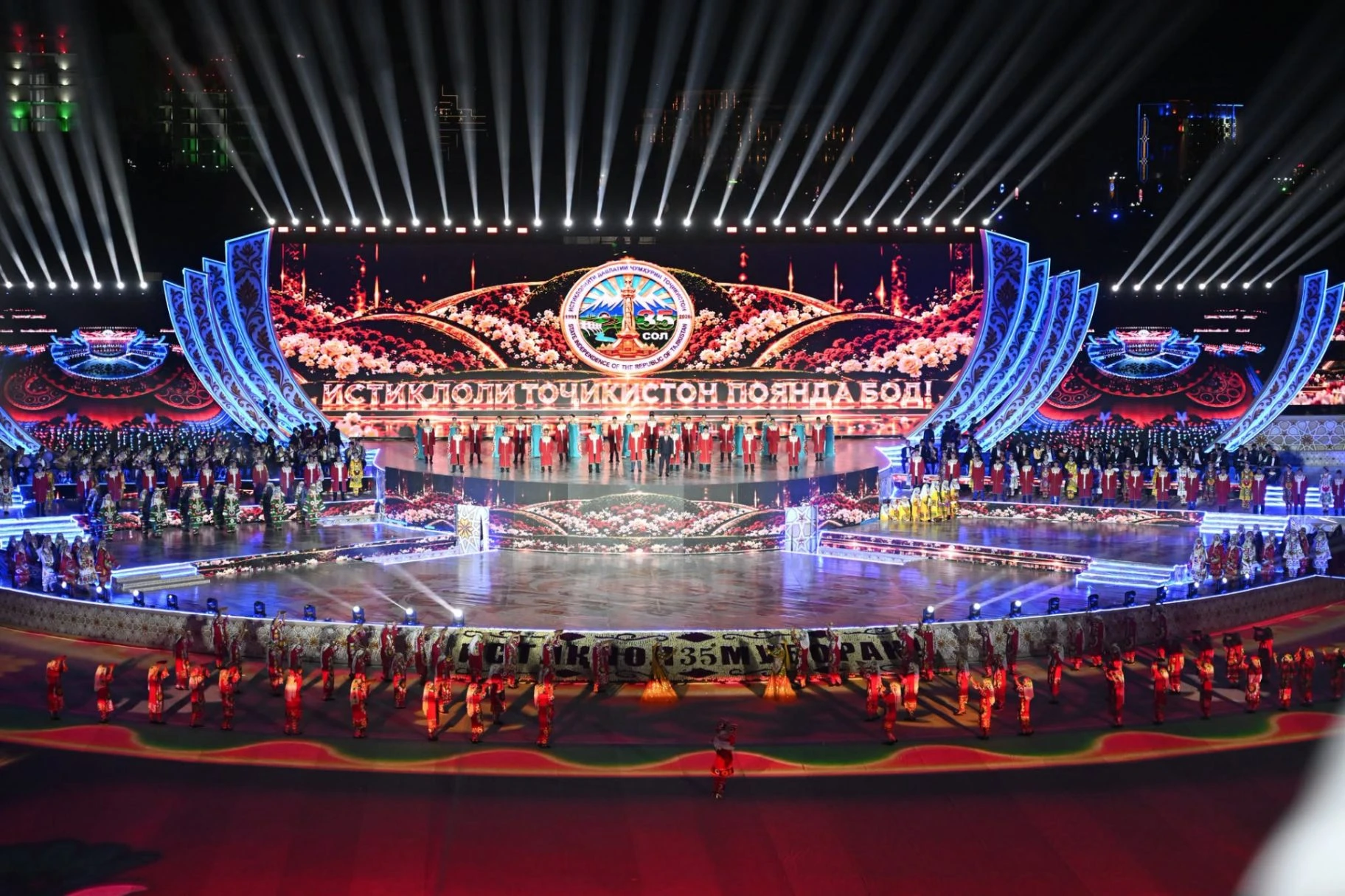 Thousands of performers on the field with the outdoor rental LED stage screen wall during the Independence Day celebration
